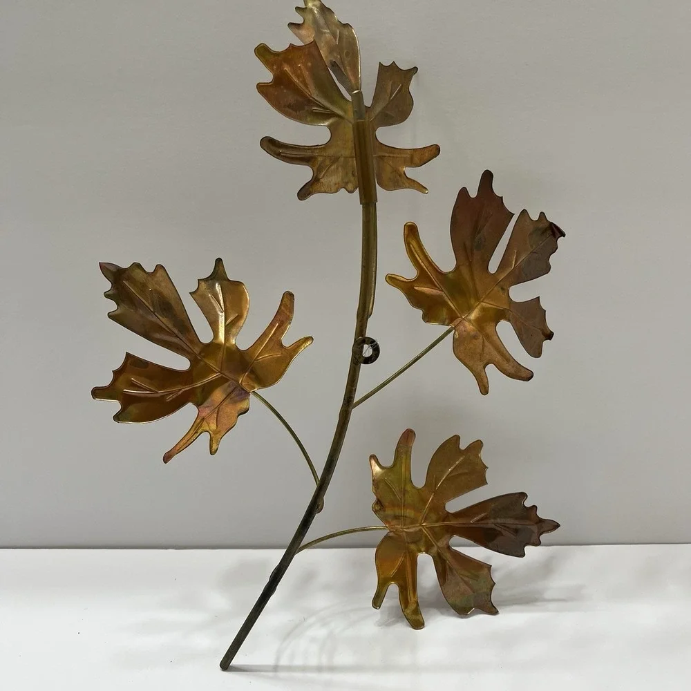 Vintage Brutalist-Style Wall Art Copper Toned Maple Leaves Metal Stem 12x15